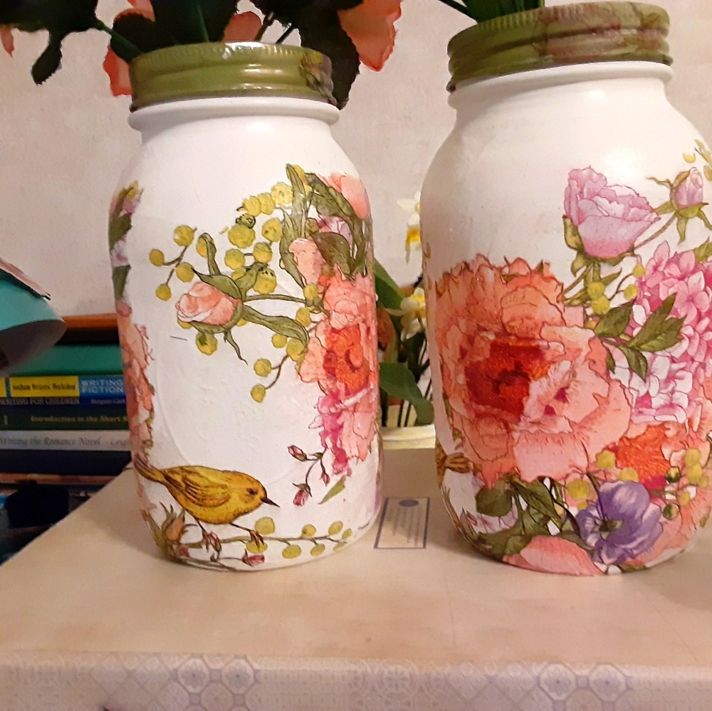 2 pc set Floral themed Mason Jar vases